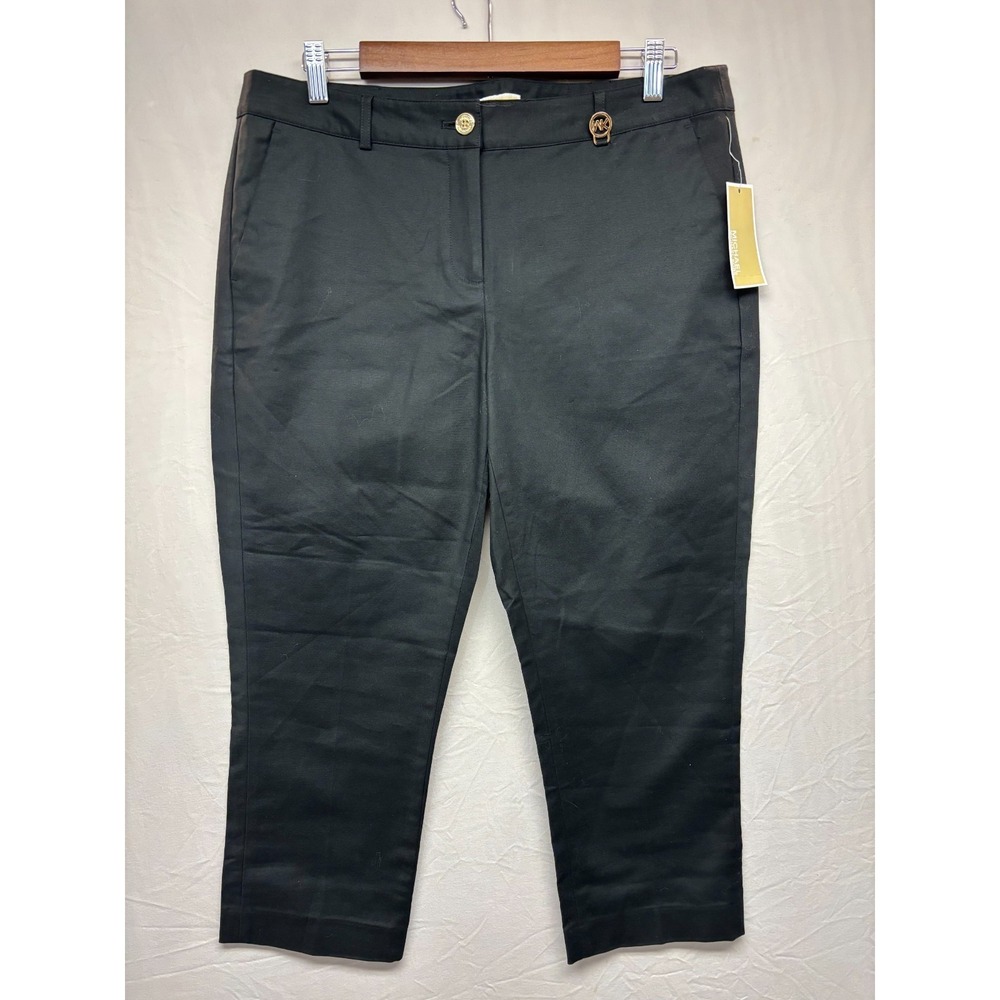 Michael Kors Cropped Pants Womens Black Flat Front Regular Fit Gold Logo 10 NWT